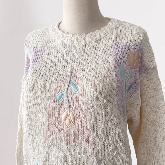 Vintage 80s Coquette Embroidered Sweater Pastel Cottagecore Grandmacore Knit M - Picture 5 of 10